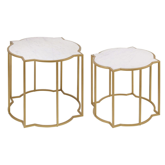 Mekbuda White Marble Top Set Of 2 Side Tables With Gold Frame