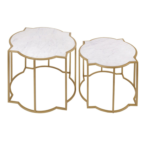 Mekbuda White Marble Top Set Of 2 Side Tables With Gold Frame