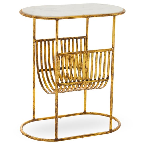 Mekbuda White Marble Top Side Table With Gold Magazine Rack_2