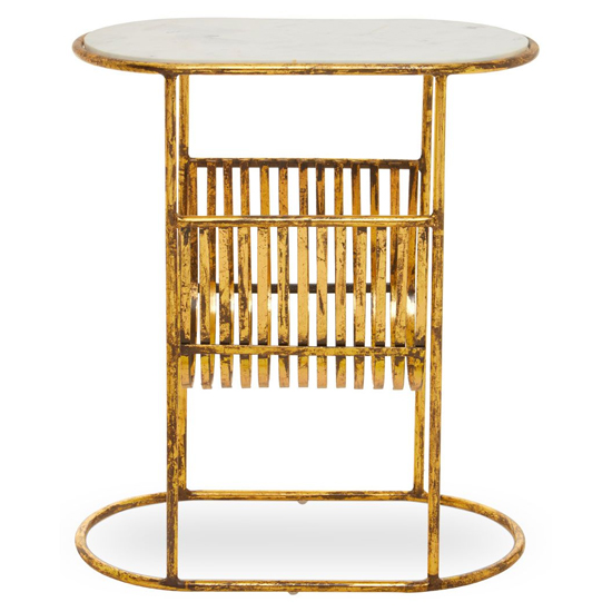 Mekbuda White Marble Top Side Table With Gold Magazine Rack_3