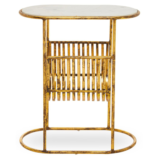 Mekbuda White Marble Top Side Table With Gold Magazine Rack