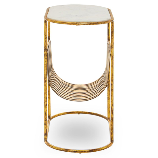Mekbuda White Marble Top Side Table With Gold Magazine Rack_4