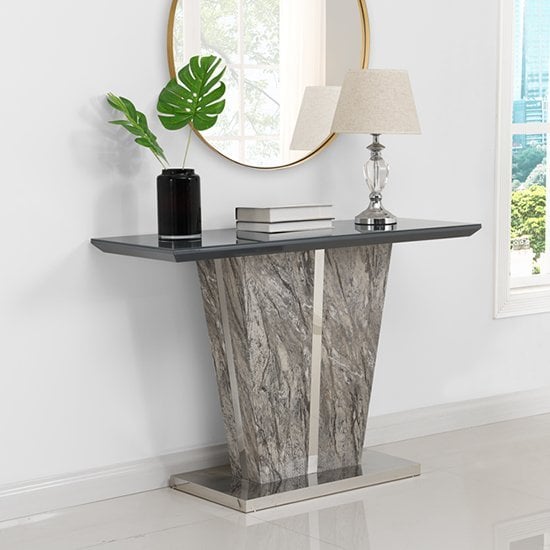Melange Marble Effect Glass Top High Gloss Console Table In Grey