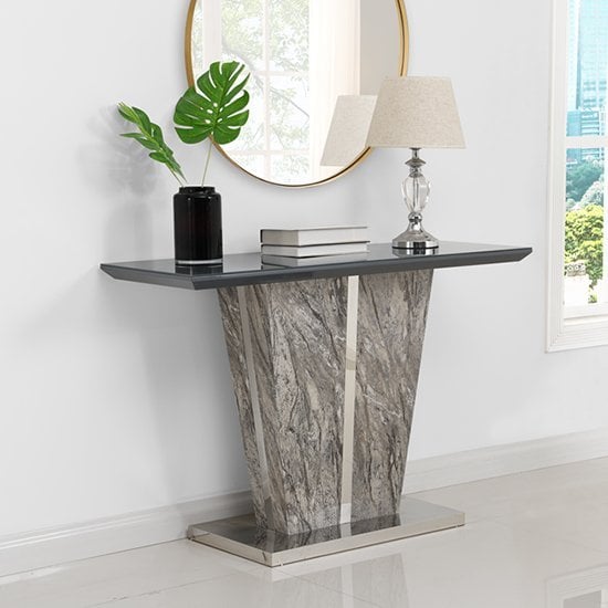 Product photograph of Melange Marble Effect Glass Top High Gloss Console Table In Grey from Furniture in Fashion