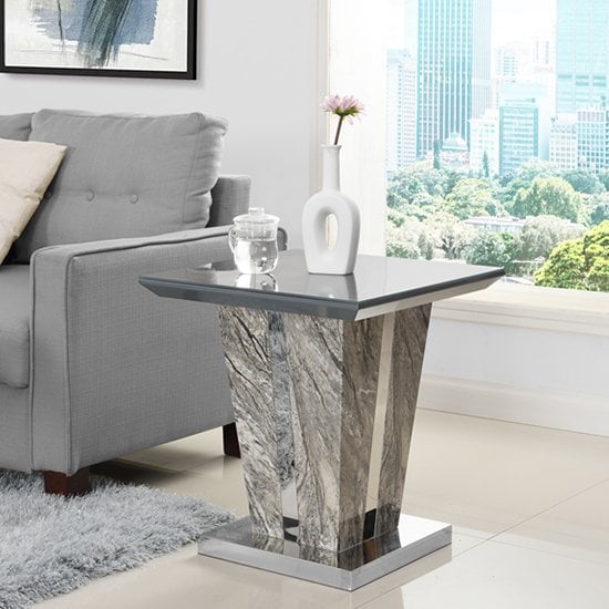 Photo of Melange marble effect glass top high gloss lamp table in grey