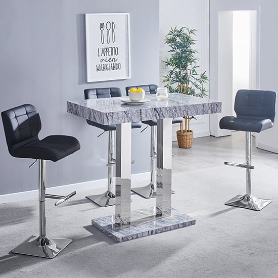 Read more about Melange marble effect bar table with 4 candid black stools