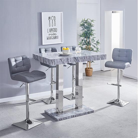 Product photograph of Melange Marble Effect Bar Table With 4 Candid Grey Stools from Furniture in Fashion