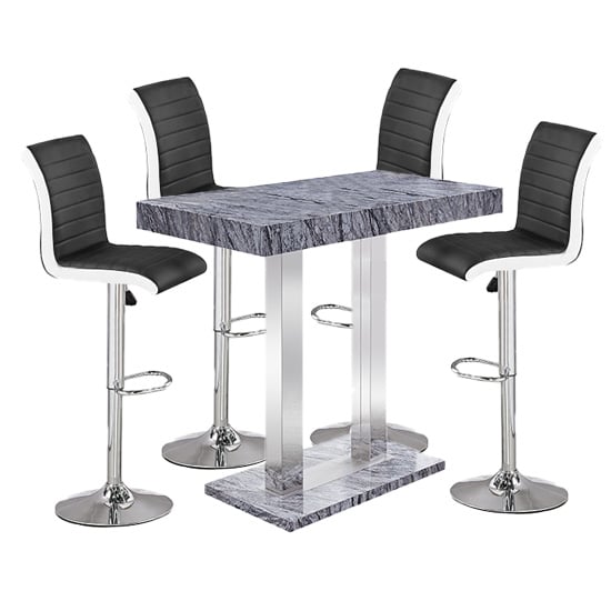 Photo of Melange marble effect bar table with 4 ritz black white stools