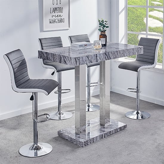 Photo of Melange marble effect bar table with 4 ritz grey white stools