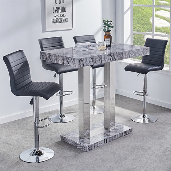 Photo of Melange marble effect bar table with 4 ripple black stools