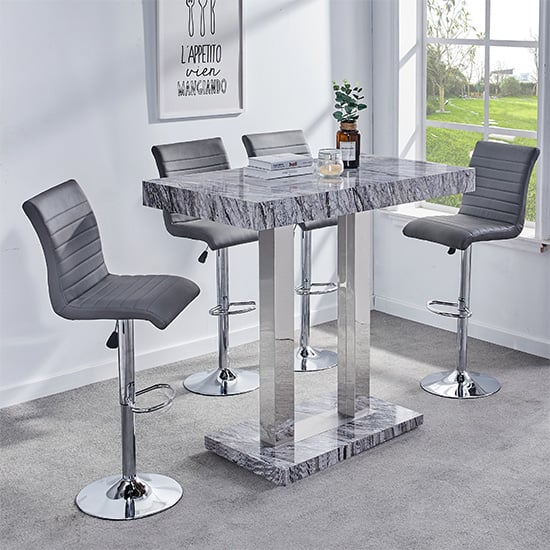 Melange Marble Effect Bar Table With 4 Ripple Grey Stools