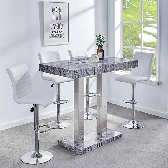 Photo of Melange marble effect bar table with 4 ripple white stools