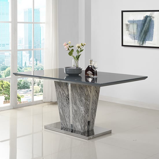 Melange Marble Effect Grey Glass Dining Set 6 Black Chairs_2