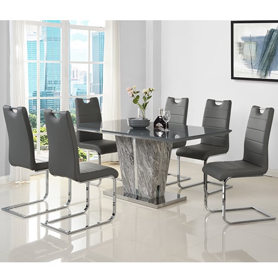 Melange Marble Effect Large Grey Glass Dining Set 6 Grey Chairs