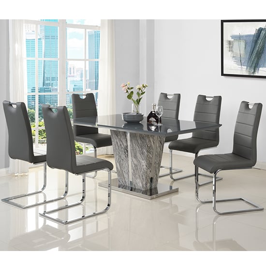 Photo of Melange marble effect dining table with 6 petra grey chairs