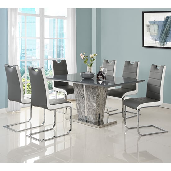 Product photograph of Melange Marble Effect Dining Table 6 Petra Grey White Chairs from Furniture in Fashion