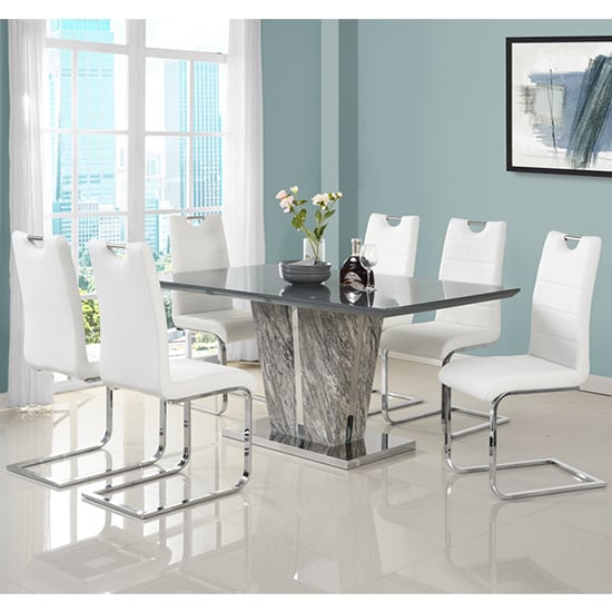 Product photograph of Melange Marble Effect Dining Table 6 Petra White Chairs from Furniture in Fashion