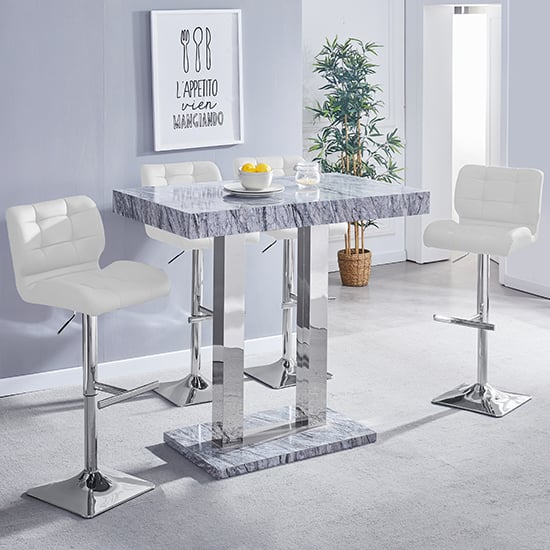 Photo of Melange marble effect bar table with 4 candid white stools