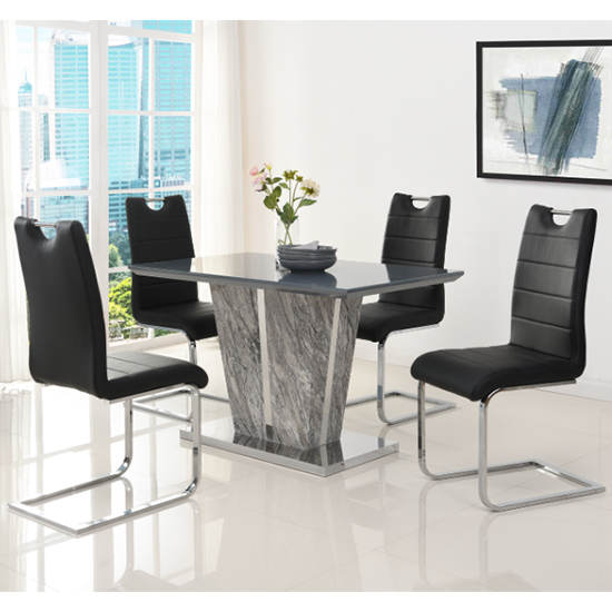 Read more about Melange marble small dining table with 4 petra black chairs