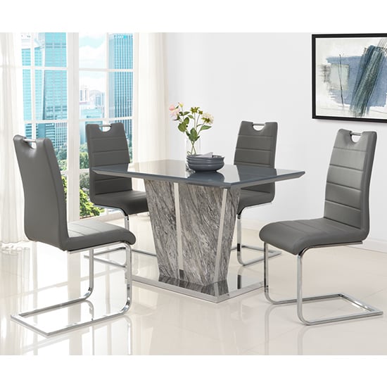 Melange Marble Effect Small Grey Glass Dining Set 4 Grey Chairs