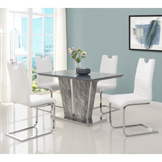 Photo of Melange marble effect dining table with 4 petra white chairs