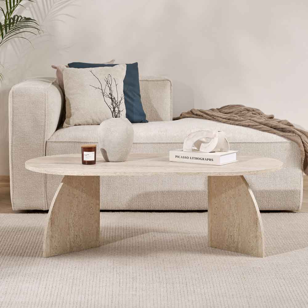 Melaro Wooden Oval Coffee Table in Travertine Marble Effect