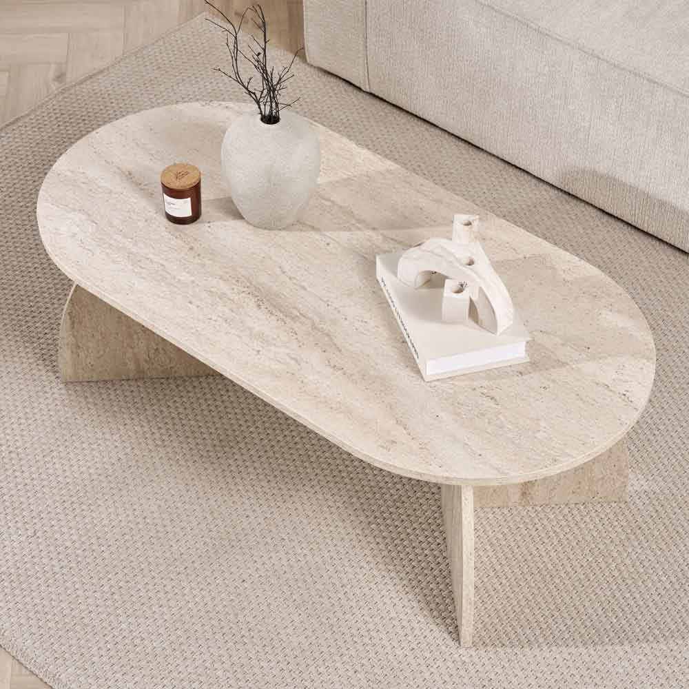 Melaro Wooden Oval Coffee Table in Travertine Marble Effect