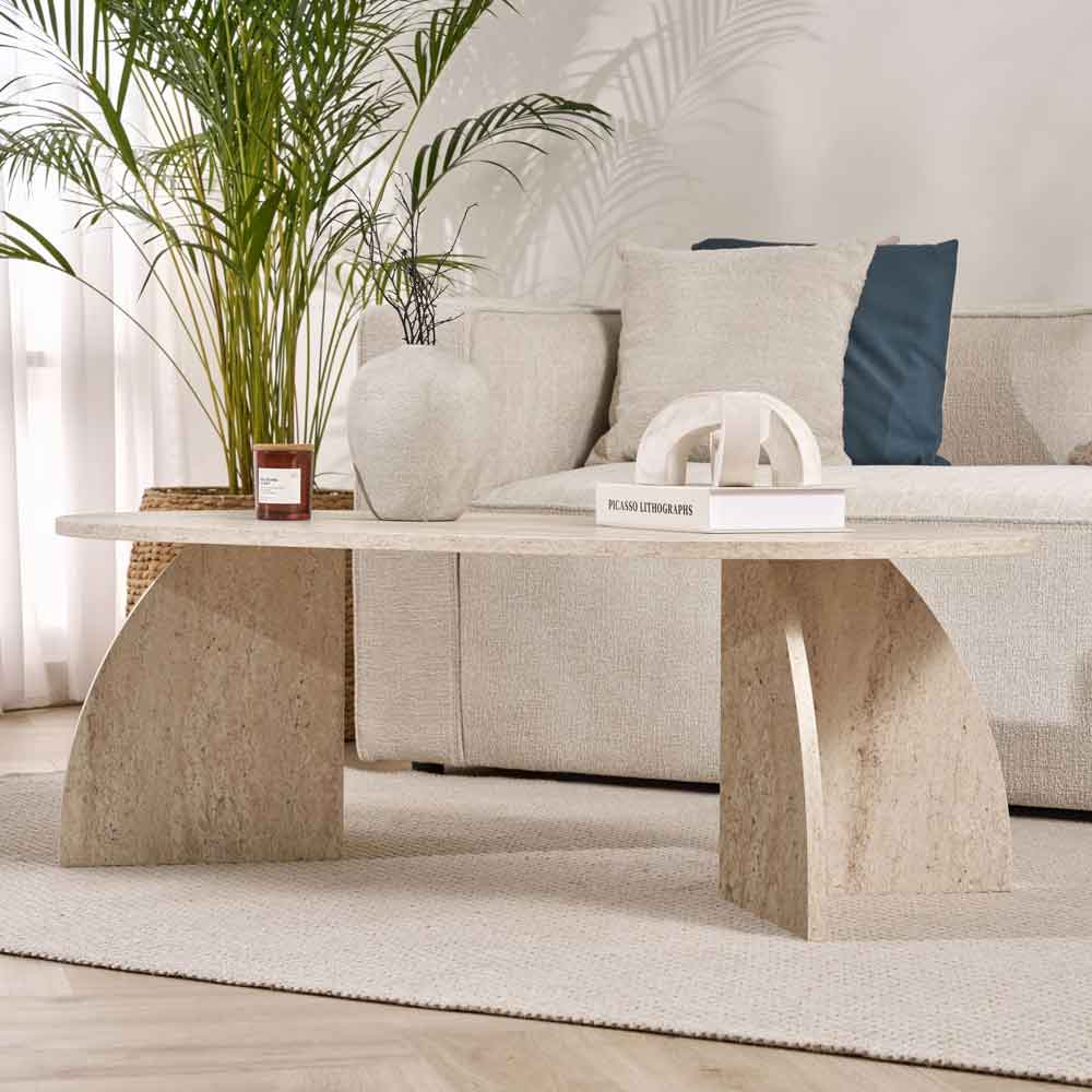 Melaro Wooden Oval Coffee Table in Travertine Marble Effect