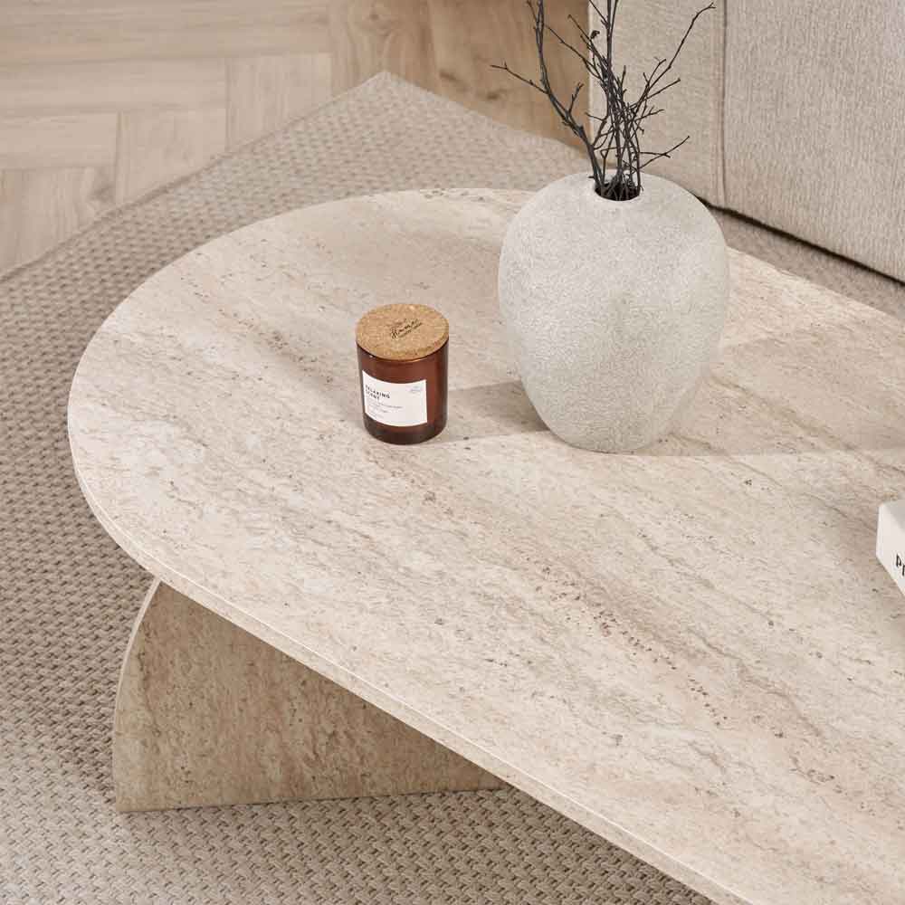 Melaro Wooden Oval Coffee Table in Travertine Marble Effect