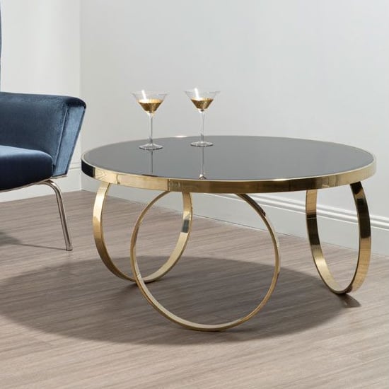 Meleph 100cm Round Black Glass Top Coffee Table With Gold Frame_1