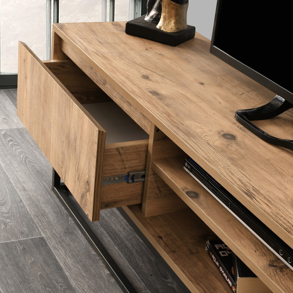 Melinda Large Wooden TV Stand With 2 Shelves In Black Pine