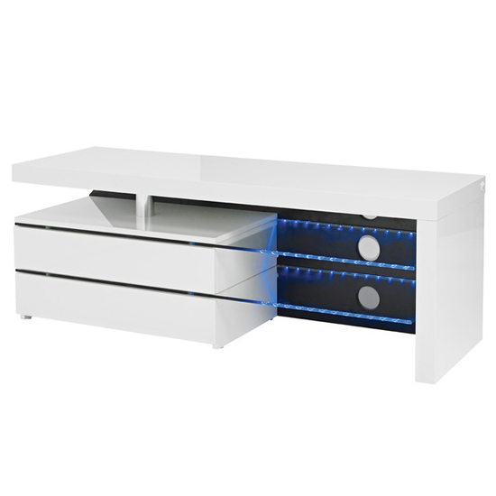 Photo of Melino high gloss tv stand in white with glass shelves and led