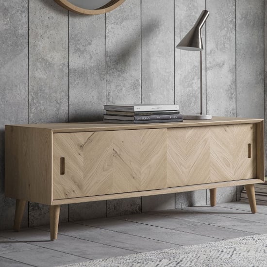 Photo of Melino wooden tv unit with sliding doors in mat lacquer