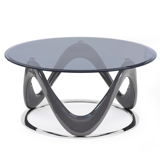 Melio Glass Coffee Table With Grey Gloss And Polished Ring Base