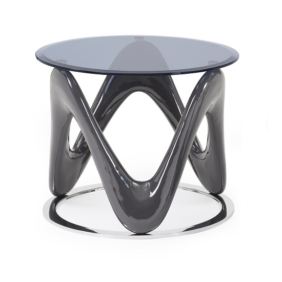 Melio Glass End Table With Grey Gloss And Polished Ring Base