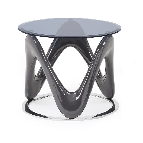 Melio Glass End Table With Grey Gloss And Polished Ring Base FiF