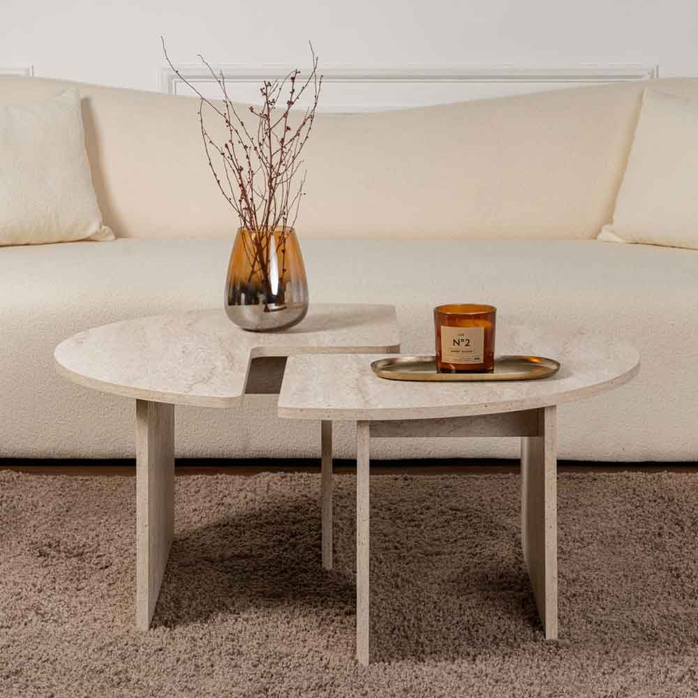 Melira Wooden Nest Of 2 Coffee Table in Travertine Marble Effect