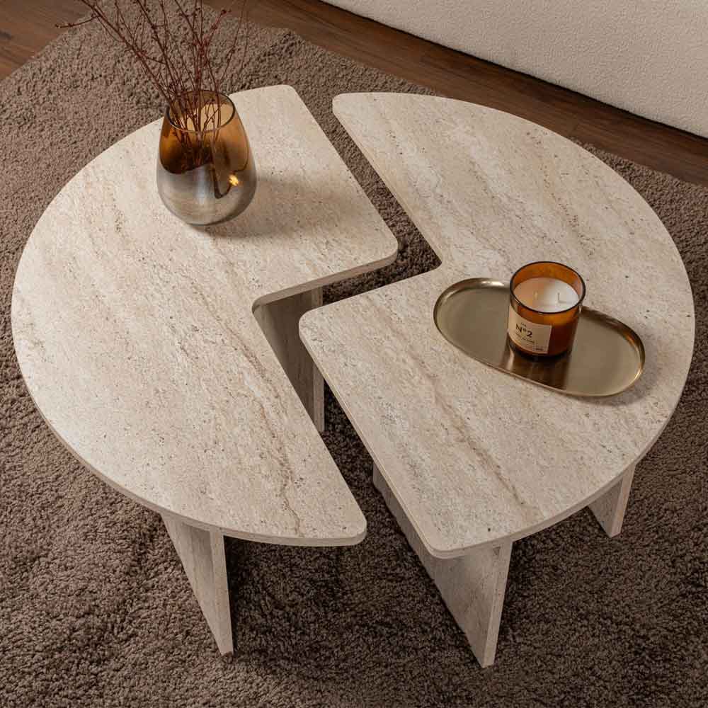 Melira Wooden Nest Of 2 Coffee Table in Travertine Marble Effect