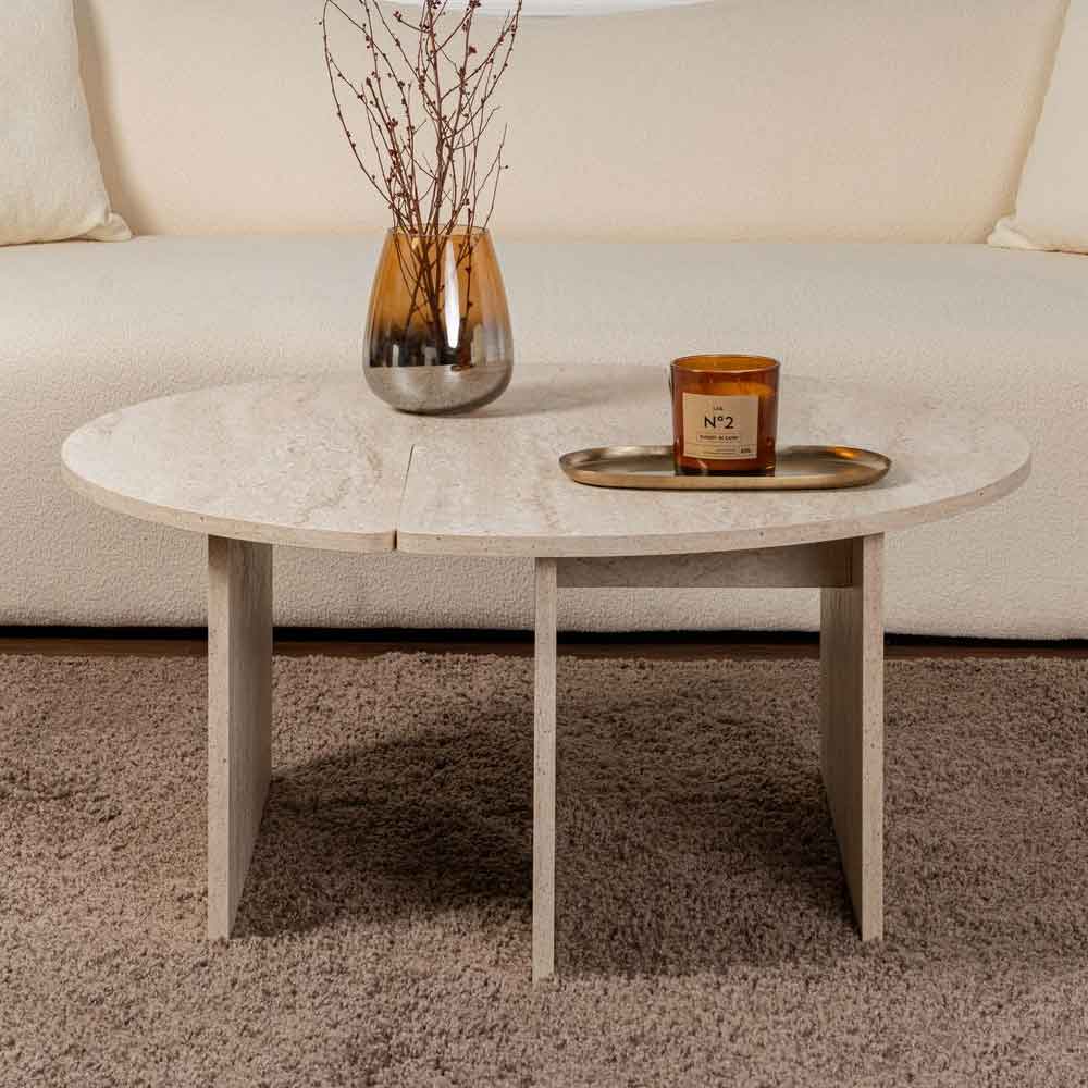 Melira Wooden Nest Of 2 Coffee Table in Travertine Marble Effect