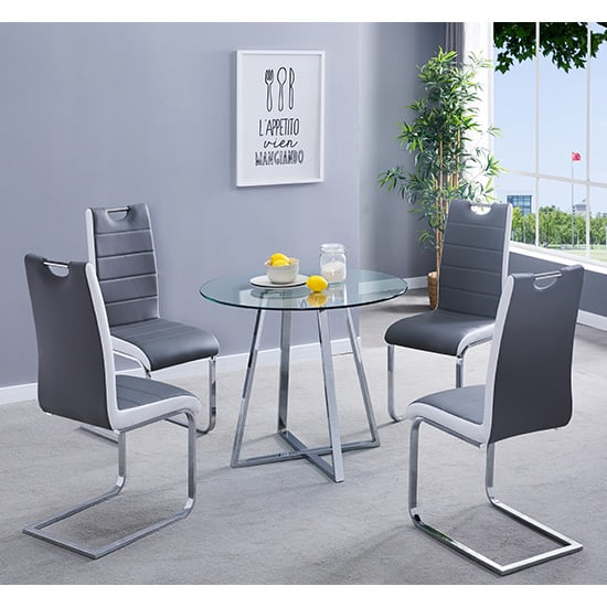 Melito Clear Round Dining Table With 4 Petra Grey White Chairs