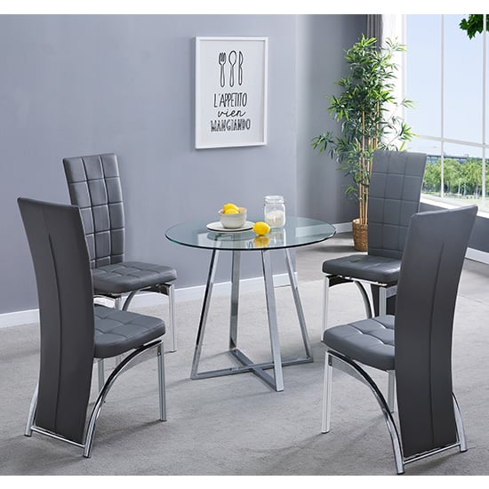 Photo of Melito round glass dining table with 4 ravenna grey chairs