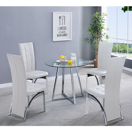 Photo of Melito round glass dining table with 4 ravenna white chairs