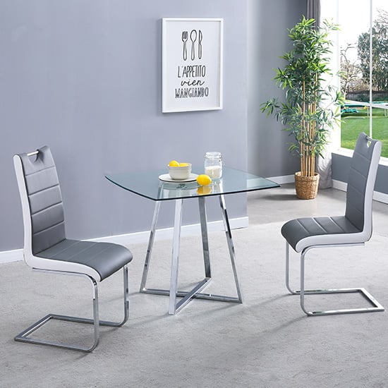 Photo of Melito square glass dining table with 2 petra grey white chairs