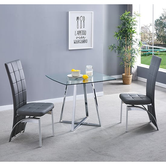 Photo of Melito square glass dining table with 2 ravenna grey chairs