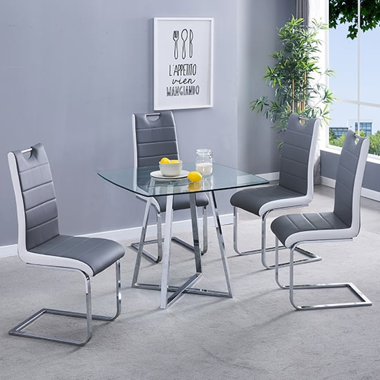 Photo of Melito square glass dining table with 4 petra grey white chairs