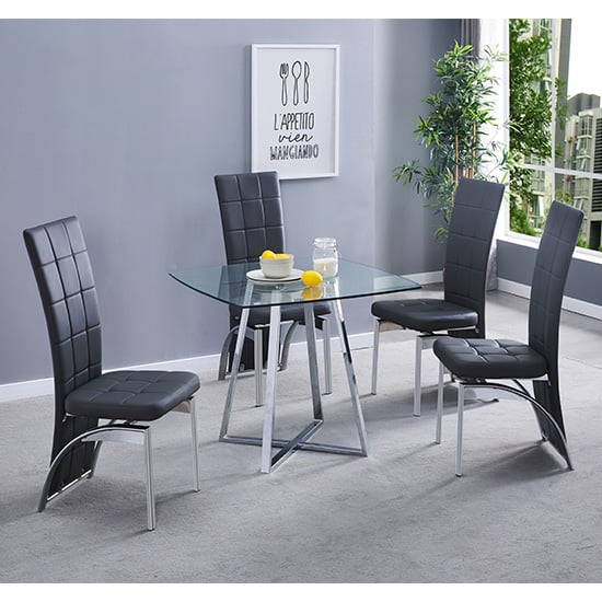 Melito Square Glass Dining Table With 4 Ravenna Black Chairs