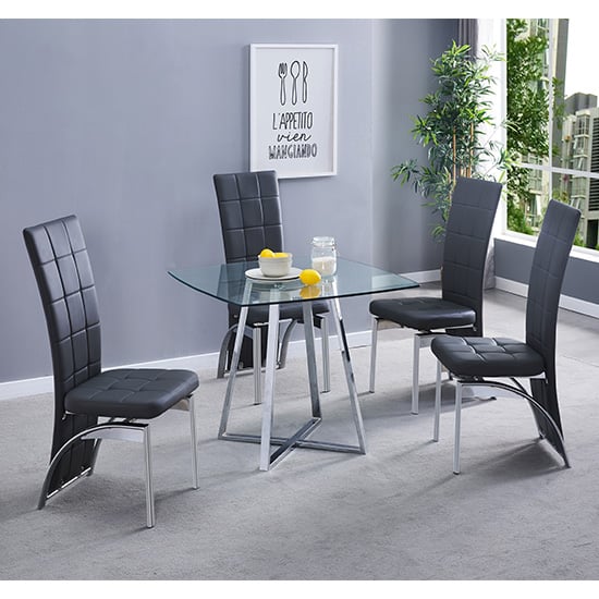 Read more about Melito square glass dining table with 4 ravenna black chairs