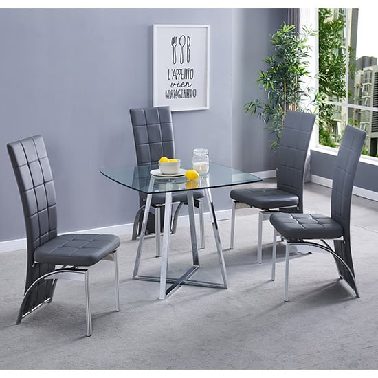 Melito Clear Square Dining Table With 4 Ravenna Grey Chairs