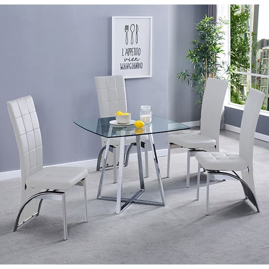 Photo of Melito square glass dining table with 4 ravenna white chairs