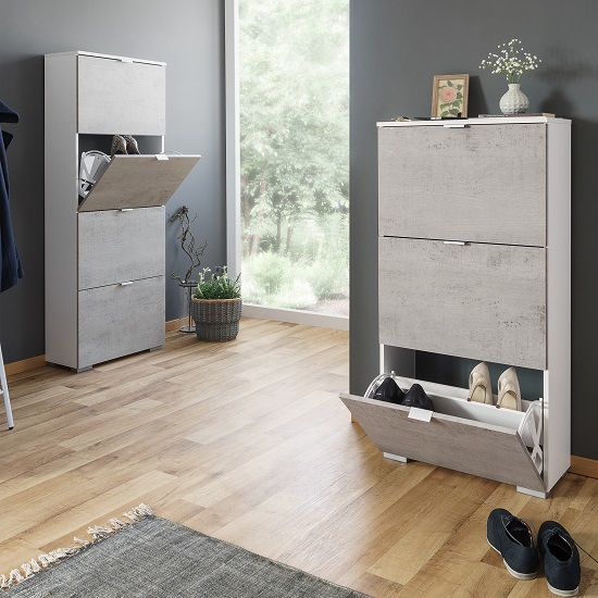 Melone Shoe Cabinet Tall In White And Concrete Effect Fronts_4